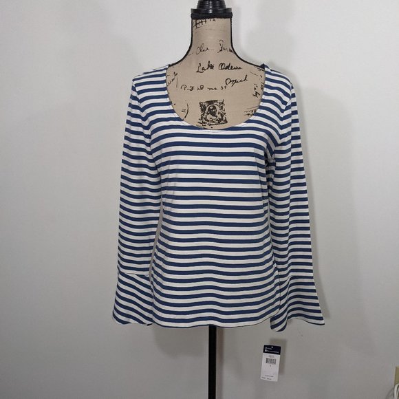 NWT Chaps Women's Shirt Blue & White Stripes Long Bell Sleeve Jersey Kni… - Picture 2 of 10